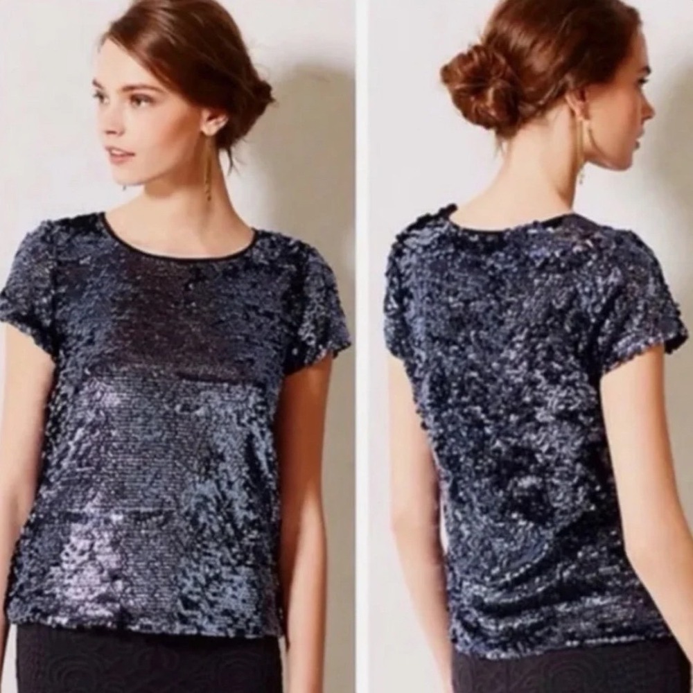 New Leifsdottir Anthropologie Navy Blue Sequin Short Sleeve Top XS Holiday Party